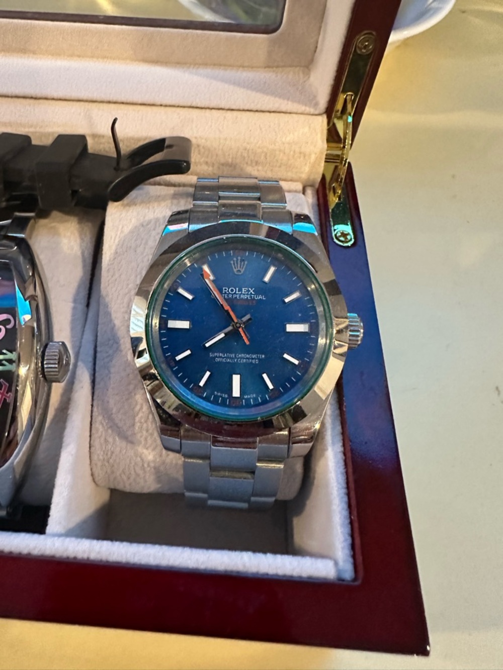 Rolex Blue Dial Stainless Steel Watch with Orange Seconds Hand